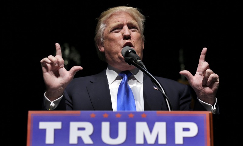 Republican presidential candidate Donald Trump gestures during a campaign event in Hartford, Conn., April 15, 2016. CREDIT: AP PHOTO/CHARLES KRUPA