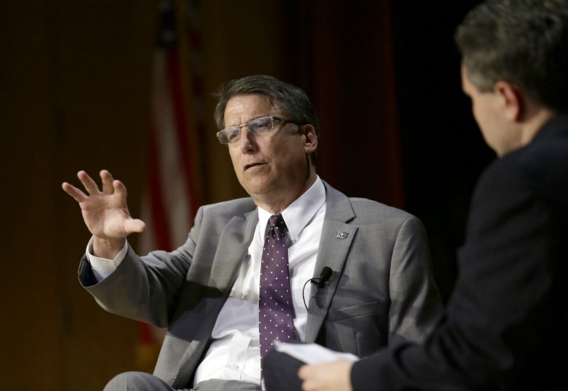 Gov. Pat McCrory (R) fielding questions about HB2 Wednesday night. CREDIT: AP PHOTO/GERRY BROOME