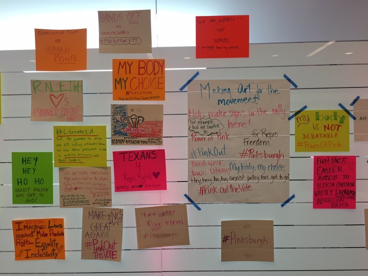 Signs made by Planned Parenthood volunteers in Pittsburgh, Pennsylvania, on Friday, May 13, 2016. CREDIT: Emily Atkin