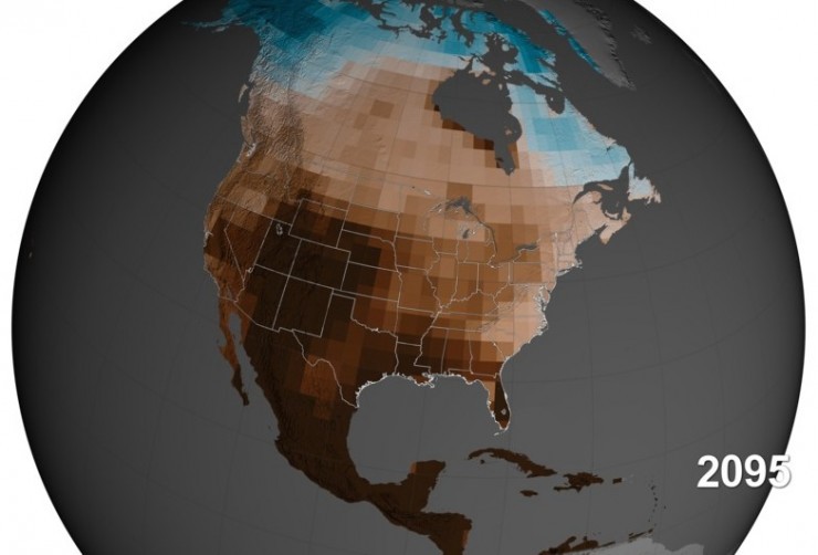 The normal climate of North America in 2095 under business as usual warming (i.e. no Paris agreement) according to a2015 NASA study. The darkest areas have soil moisture comparable to the 1930s Dust Bowl.