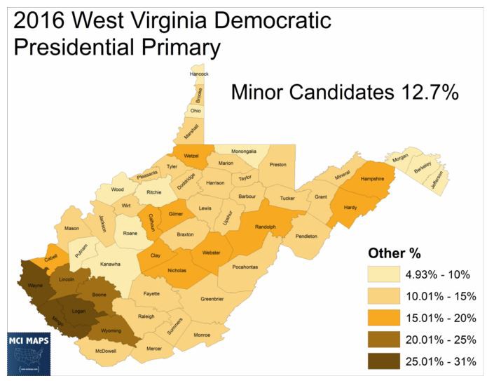 There was an unprecedentedly high protest vote among West Virginia Democrats in Tuesday’s election. CREDIT: Matthew Isbell via mcimaps.com