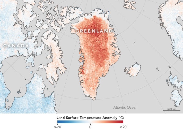 Greenland temperatures for April 2016 compared to the 2001–2010 average for April (viaNASA).
