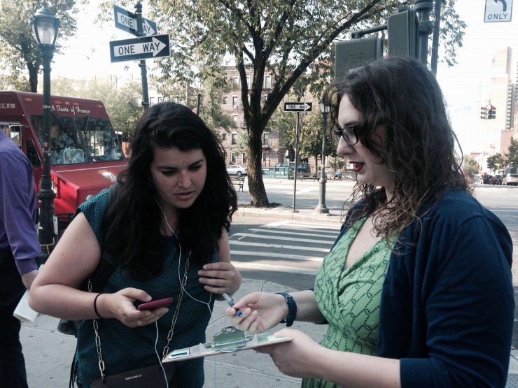 First-time candidate Veronica Aveis canvassing on Eastern Parkway in Crown Heights, Brooklyn CREDIT: Patrick Rheaume