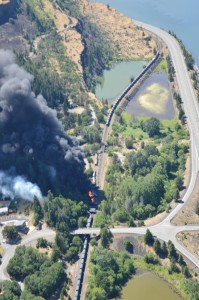 An aerial view of the derailment and fire. CREDIT: Columbia RiverKeeper