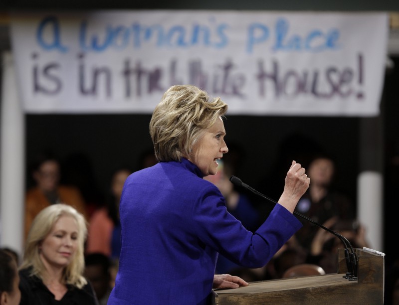 Democratic presidential candidate Hillary Clinton speaks during a Women for Hillary event in New York, Monday, April 18, 2016. CREDIT: AP PHOTO/SETH WENIG