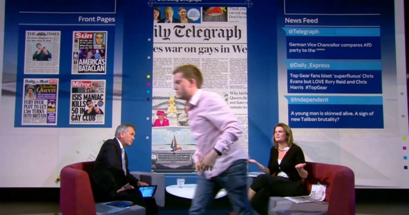 Guardian reporter Owen Jones walking off the set of Sky News to protest the straightwashing of the Orlando shooting. CREDIT: SKY NEWS/SCREENSHOT