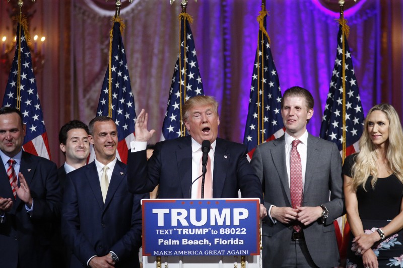 Republican presidential candidate Donald Trump speaks to supporters at his primary election night event at his Mar-a-Lago Club in Palm Beach, Fla., Tuesday, March 15, 2016. CREDIT: AP PHOTO/GERALD HERBERT