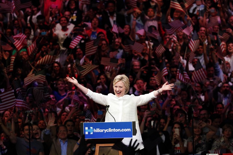 Democratic presidential candidate Hillary Clinton speaks during a presidential primary election night rally, Tuesday, June 7, 2016, in New York. CREDIT: AP PHOTO/JULIO CORTEZ