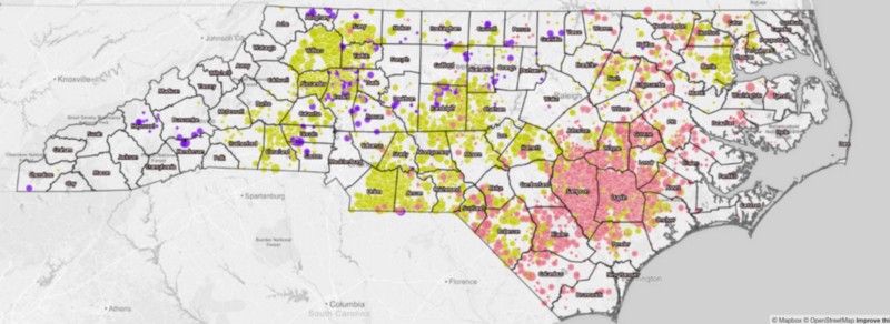 A screenshot of the EWG/Waterkeeper Alliance map. Pink dots are pig farms, yellow dots are poultry farms, and purple dots are cattle farms. CREDIT: EWG/Waterkeeper Alliance