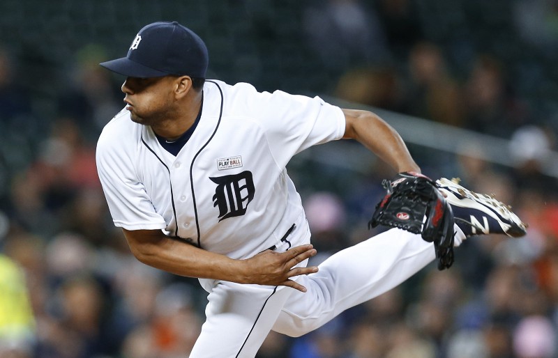 Detroit Tigers relief pitcher Francisco Rodriguez throws against the Minnesota Twins in the ninth inning of a baseball game, Monday, May 16, 2016 in Detroit. Detroit won 10–8. CREDIT: PAUL SANCYA, AP