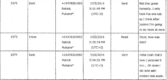 Court evidence from Tuner’s text message history. “Sent” messages are from Tuner’s cell phone. CREDIT: Santa Clara Sheriff’s Department