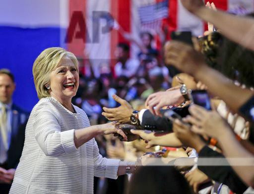 Democratic presidential candidate Hillary Clinton greets supporters as she arrives to speak during a presidential primary election night rally, Tuesday, June 7, 2016, in New York. Clinton secured the 2,383 delegates she needed for the nomination on the eve of Tuesday’s voting but wanted to wait until most of the voting was complete Tuesday night before fully reveling in becoming the first woman nominated by a major U.S. political party. (AP Photo/Julie Jacobson) CREDIT: JULIE JACOBSON (AP)