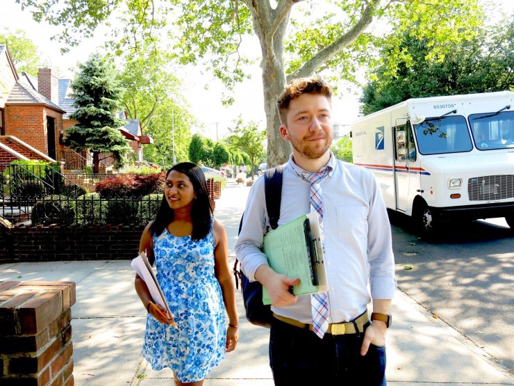 First-time candidate Rob Curry-Smithson canvasses with Ashma Patel in Brooklyn’s Windsor Terrace neighborhood. CREDIT: Evan Burr