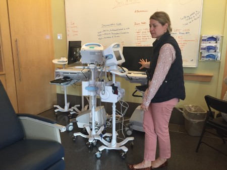 Dr. Jessie Gaeta, inside SPOT after hours, explains how doctors can track patient’s vital signs while they ride out their high. CREDIT: Alex Zielinski