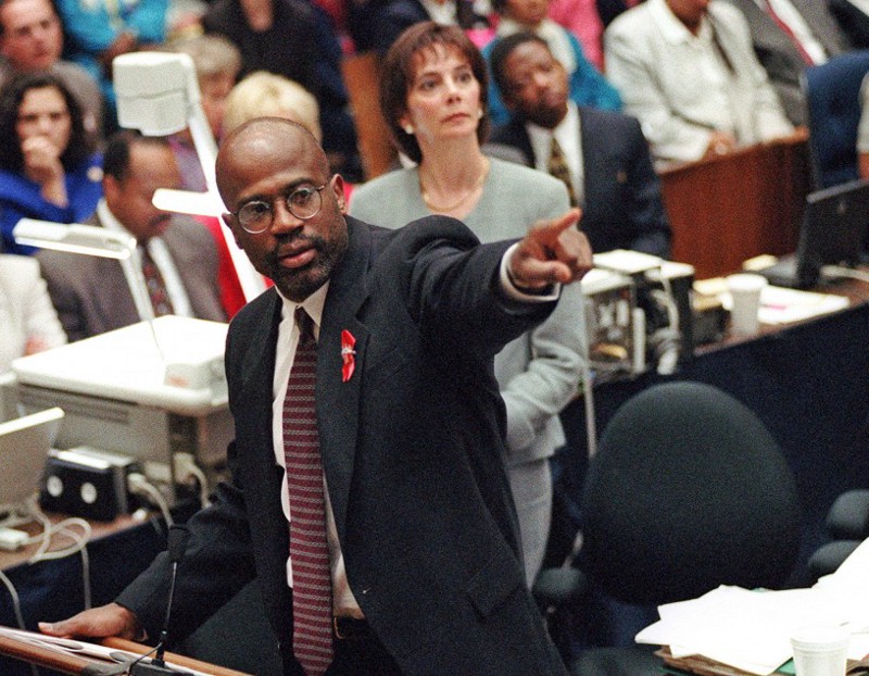 Sept. 29, 1995: Prosecutor Christopher Darden points at a chart during his closing arguments as co-prosecutor Marcia Clark looks on in a Los Angeles courtroom during the O.J. Simpson double-murder trial. CREDIT: AP Photo/Reed Saxon, Pool, File