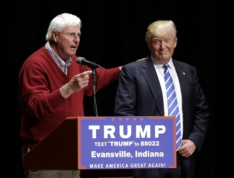 Former Indiana basketball coach Bob Knight talks about Republican presidential candidate Donald Trump speaks during a campaign stop at Old National Events Plaza, Thursday, April 28, 2016, in Evansville, Ind. CREDIT: DARRON CUMMINGS, AP