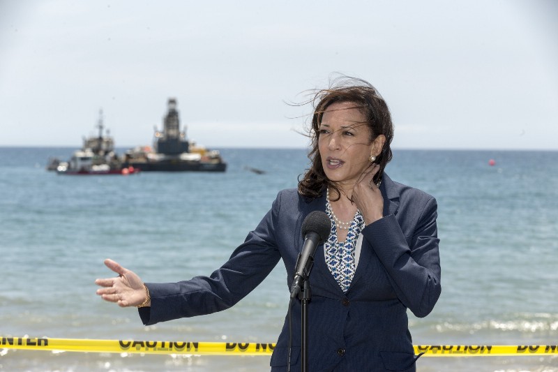 California Attorney General and U.S. Senate candidate Kamala Harris takes questions from the media after being briefed on the Santa Barbara oil spill at Refugio State Beach, north of Goleta, Calif., on Thursday, June 4, 2015. CREDIT: AP PHOTO/DAMIAN DOVARGANES