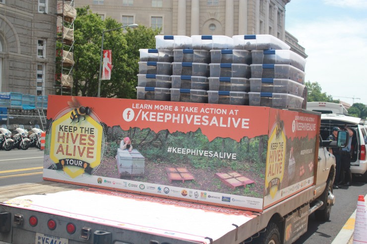 The Keep the Hives Alive tour truck arrives at the EPA, carrying millions of dead bees. CREDIT: courtesy of Friends of the Earth