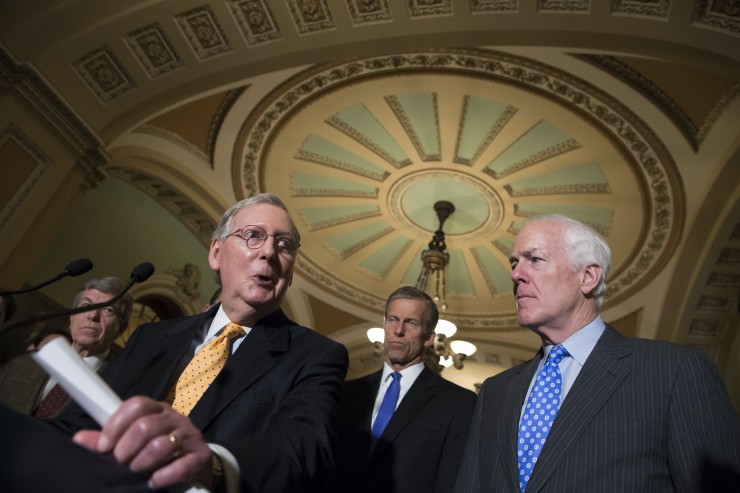 Senate Majority Leader Mitch McConnell of Ky., second from left, joined by, from left, Sen. Roy Blunt, R-Mo., Sen. John Thune, R-S.D., and Senate Majority Whip John Cornyn of Texas, faces reporters on Capitol Hill in Washington, Tuesday, June 28, 2016, as the Senate split along party lines and left a $1.1 billion proposal to fight the Zika virus in limbo. CREDIT: (AP Photo/J. Scott Applewhite)