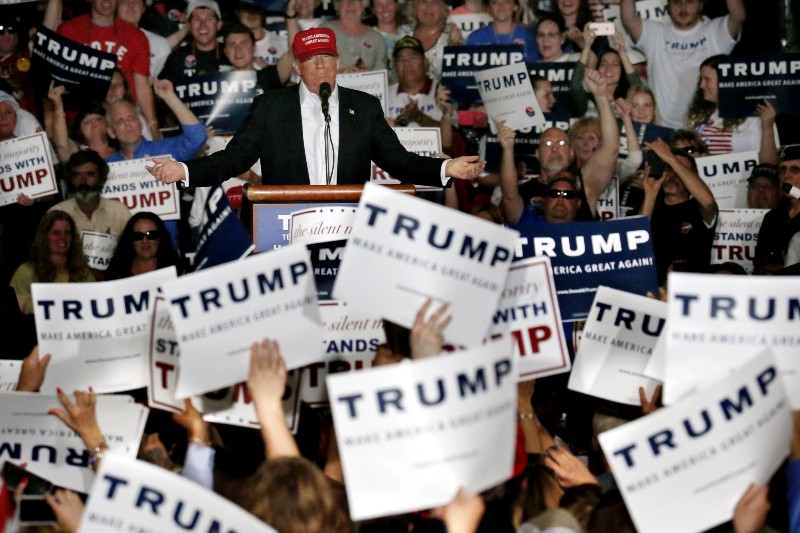 Republican presidential candidate Donald Trump speaks during a rally, Friday, April 22, 2016, at the Delaware State Fairgrounds in Harrington, Del. CREDIT: AP PHOTO/JULIO CORTEZ