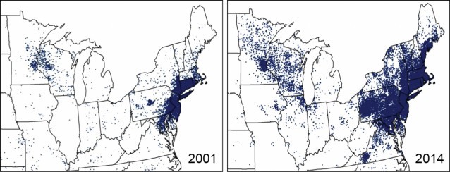 Maps show the reported cases of Lyme disease in 2001 and 2014 for the areas of the country where Lyme disease is most common (the Northeast and Upper Midwest). Both the distribution and the numbers of cases have increased. (Figure source: adapted from CDC 2015) CREDIT: The Impacts of Climate Change on Human Health in the United States: A Scientific Assessment