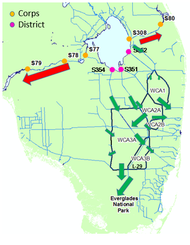 Various flood control structures that the U.S. Army Corps of Engineers and the South Florida Water Management District operate. The red arrows indicate discharges that are at levels that lower salinity to the poor range. The green arrows show the movement of water to the Everglades, and the movement of water from the water conservation areas into the L-29 canal to avoid potential ecosystem impacts at Everglades National Park. The district began this movement on Feb. 15, 2016, after receiving an order from the Corps at the request of Gov. Rick Scott. CREDIT: Florida Department of Environmental Protection