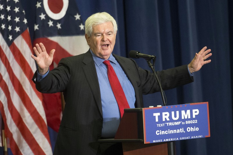 Former House Speaker Newt Gingrich speaks before introducing Republican presidential candidate Donald Trump during a campaign rally at the Sharonville Convention Center, Wednesday, July 6, 2016, in Cincinnati. CREDIT: AP PHOTO/JOHN MINCHILLO