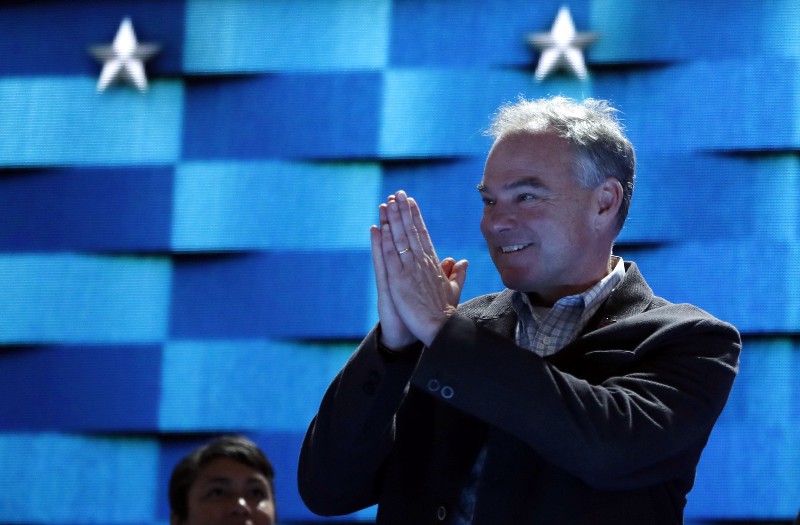 Democratic Vice Presidential candidate, Sen. Tim Kaine, D-Va., before the start of the third day session of the Democratic National Convention in Philadelphia, Wednesday, July 27, 2016. CREDIT: AP PHOTO/CAROLYN KASTER