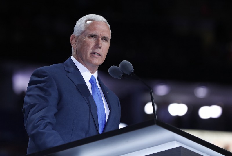 Republican Vice Presidential Nominee Gov. Mike Pence of Indiana speaks during the third day session of the Republican National Convention in Cleveland, Wednesday, July 20, 2016. CREDIT: CAROLYN KASTER, AP