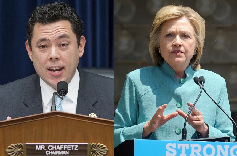 House Oversight Committee Chairman Jason Chaffetz (R-UT), left, and presumptive Democratic presidential nominee Hillary Clinton. CREDIT: AP PHOTOS