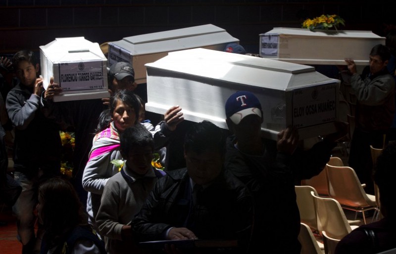 People carry coffins containing the remains of people whose bodies were excavated, to a church in Cuzco, Peru, Tuesday, Feb. 19, 2013. CREDIT: AP Photo/Martin Mejia
