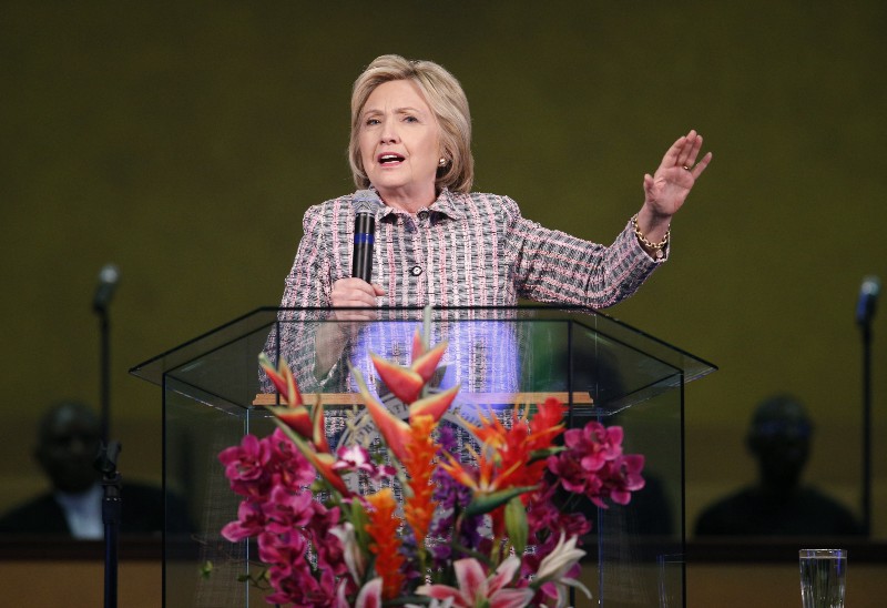 Democratic presidential candidate Hillary Clinton speaks at the Greater St. Paul Church in Oakland, California. CREDIT: AP PHOTO/JOHN LOCHER