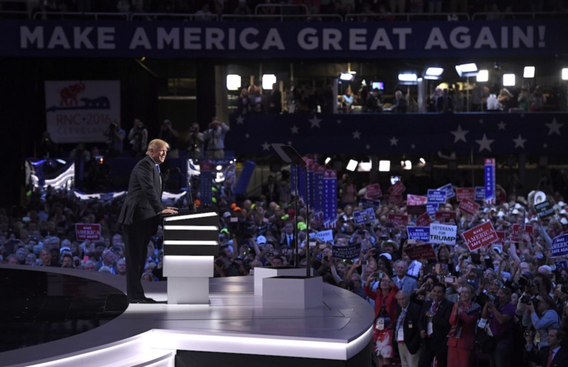 Republican presidential candidate Donald Trump speaks at the Republican National Convention on Monday CREDIT: AP PHOTO/MARK J. TERRILL