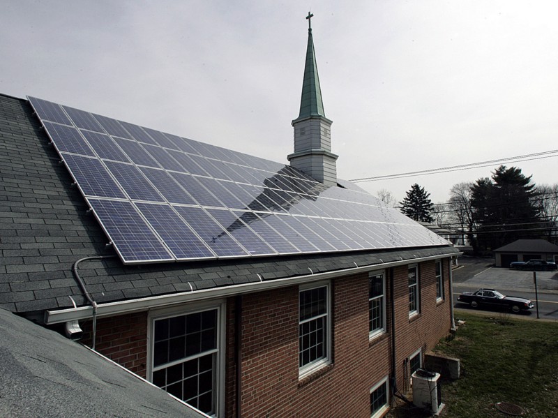 Solar panels are seen on the roof of St. Mark Lutheran Church, in Trenton, NJ in 2007. CREDIT: AP PHOTO/MEL EVANS