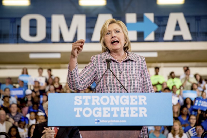 Democratic presidential nominee Hillary Clinton speaking in Omaha, Nebraska CREDIT: AP PHOTO/ANDREW HARNIK