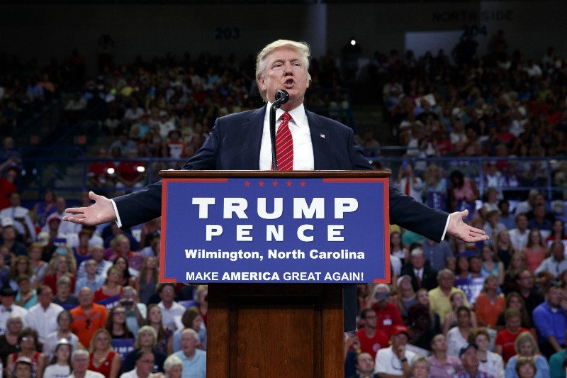 Republican presidential candidate Donald Trump speaks during a campaign rally at the University of North Carolina Wilmington. CREDIT: AP Photo/Evan Vucci
