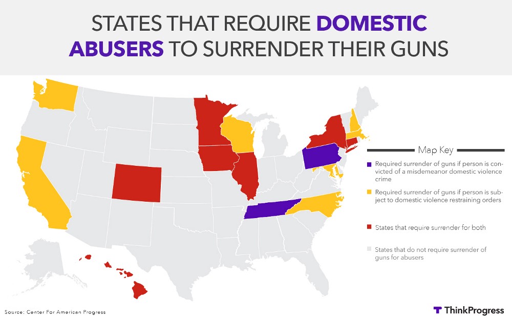 Data used for this map comes from 2014. Since then, several states — Oregon, Louisiana, South Carolina, and Vermont — have also passed laws requiring domestic abusers to surrender their firearms.