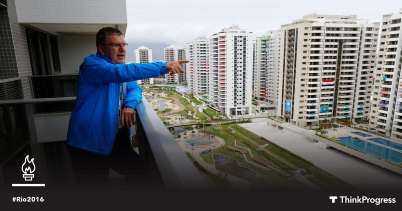 Tomas Bach, President of the International Olympic Committee, looks out from his balcony after moving into his room in the Olympic village in Rio de Janeiro, Brazil, July 28, 2016. CREDIT: AP PHOTO/IVAN ALVARADO, THINKPROGRESS/ DYLAN PETROHOLIS