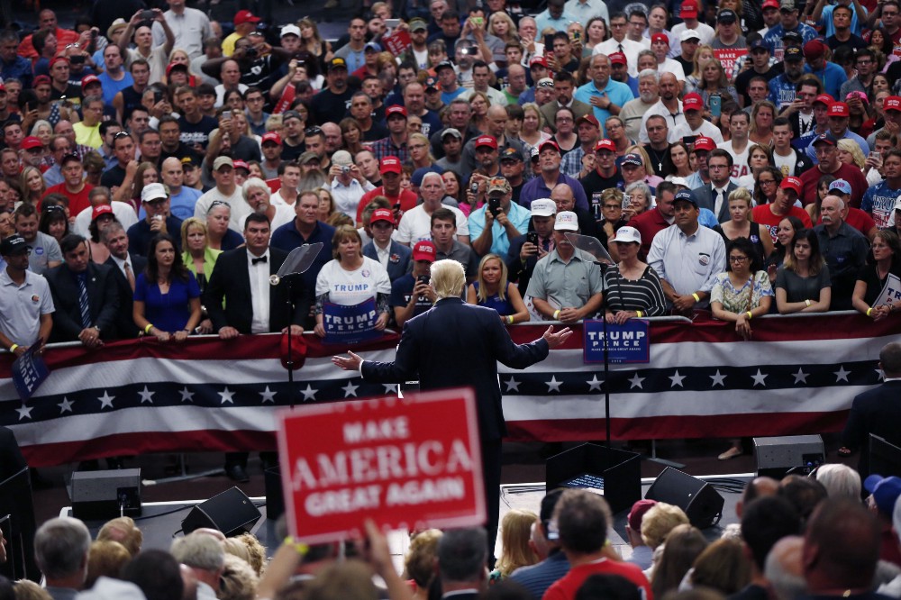 Republican presidential candidate Donald Trump speaks at a campaign rally in Akron, Ohio, Monday, Aug. 22, 2016. CREDIT: AP Photo/Gerald Herbert