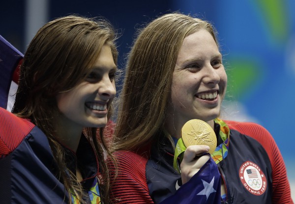 Winner United States’ Lilly King, right, and third place United States’ Katie Meili show their medals after the women’s 100-meter breaststroke at the 2016 Summer Olympics CREDIT: AP PHOTO/MATT SLOCUM