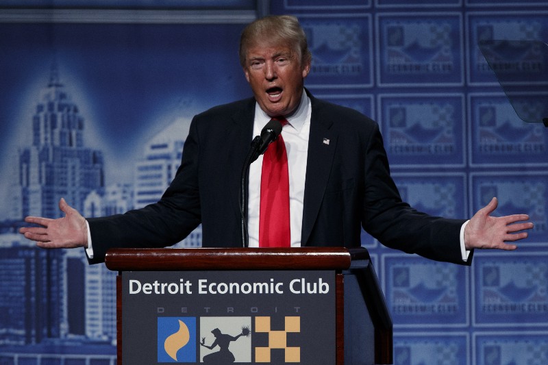 Republican presidential candidate Donald Trump delivers an economic policy speech to the Detroit Economic Club, Monday, Aug. 8, 2016, in Detroit. CREDIT: AP/EVAN VUCCI