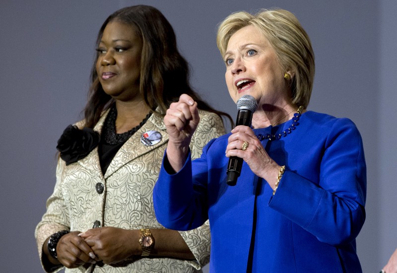 Democratic presidential candidate Hillary Clinton speaks next to Sybrina Fulton, mother of Trayvon Martin, in Columbia, S.C. (AP Photo/Jacquelyn Martin, File)