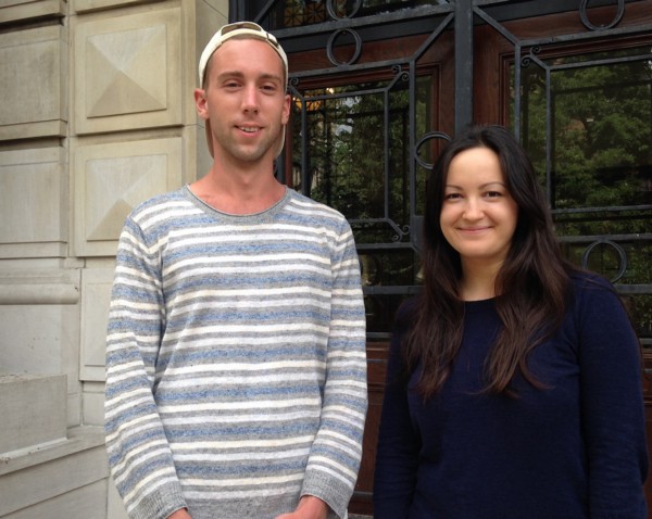 Ian Bradley-Perrin, left, and fellow graduate student Olga Brudastova, pose for a photo on the campus of Columbia University in New York. CREDIT: AP/KAREN MATTHEWS