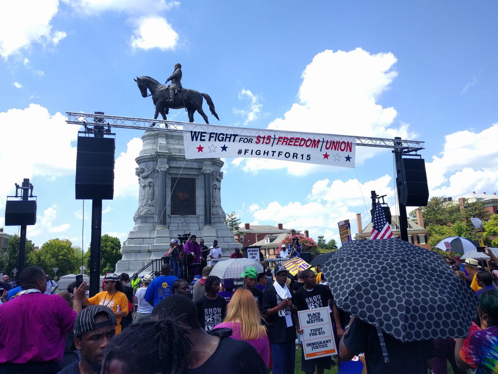 Low-wage workers from dozens of states marched on a statue of Robert E. Lee Saturday in Richmond, VA, at the culmination of the Fight for $15 movement’s national convention. CREDIT: Alan Pyke/ThinkProgress