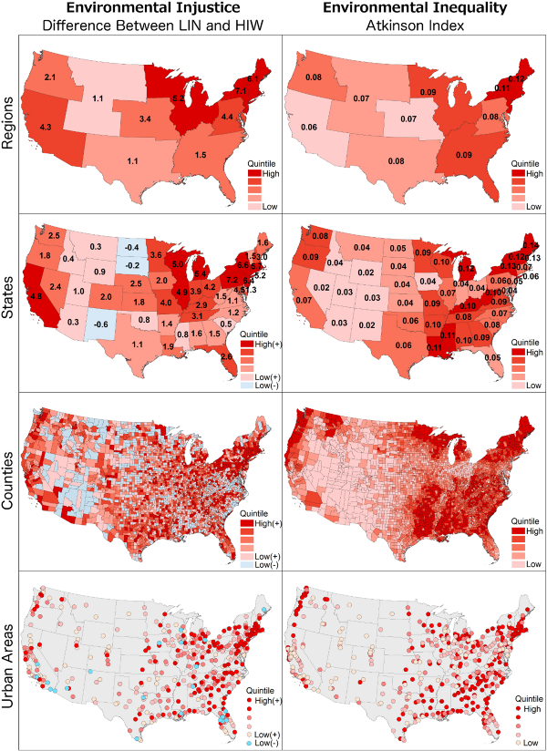 The left column shows differences in nitrogen dioxide pollution between low-income nonwhite communities and high-income white communities. The right column shows the Atkinson Index, a measure of income inequality. Source: PLOS ONE