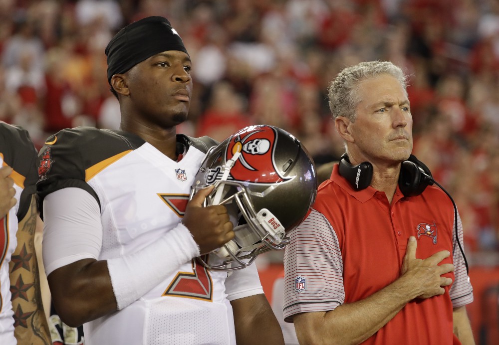 Tampa Bay Buccaneers quarterback Jameis Winston (3) and head coach Dirk Koetter before an NFL game on Friday, Aug. 26, 2016. CREDIT: CHRIS O’MEARA, AP