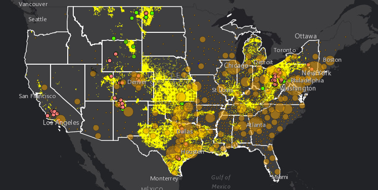 A “Threat Map” shows all of the oil and gas wells (yellow) in the continental United States and the related ozone (brown). CREDIT: CLEAN AIR TASK FORCE