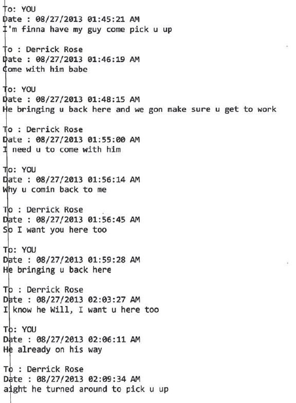 Texts between Derrick Rose and Jane Doe on the night of the alleged rape.