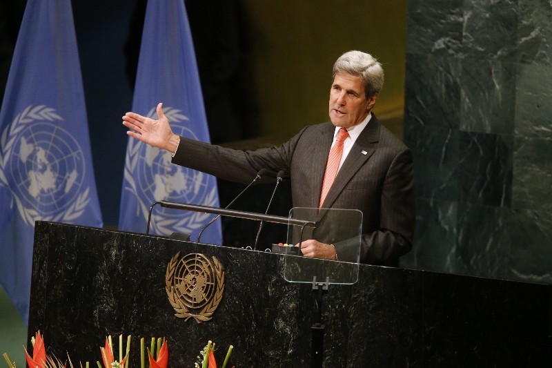 U.S. Secretary of State John Kerry speaks at the U.N. on Wednesday, September 21. CREDIT: AP PHOTO/JASON DECROW
