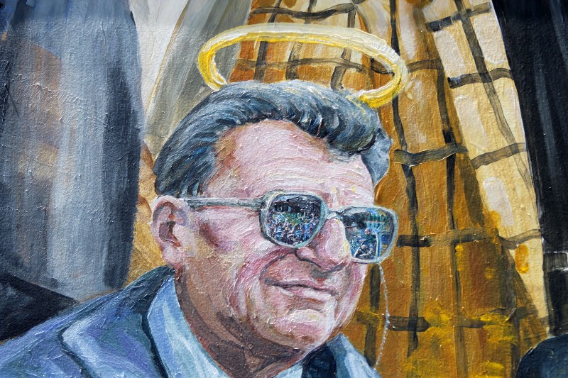 Painting of former Penn State head football coach Joe Paterno in a mural on a wall in downtown State College, Pa., by artists Michael Pilato and Yury Karabash. CREDIT: GENE J. PUSKAR, AP